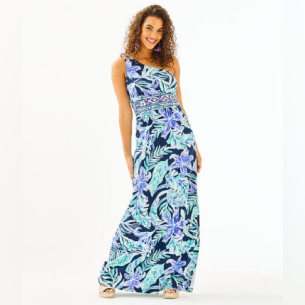 Lilly Pulitzer One-Shoulder Dress in Blue and Green